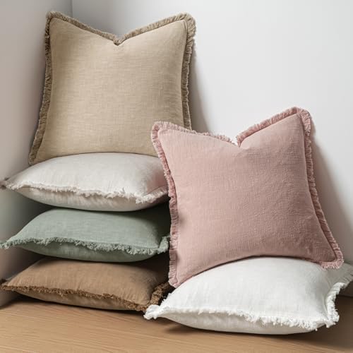 MIULEE Boho Linen Fringe Decorative Throw Pillow Covers Light Pink 18x18 - Image 6