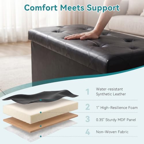 OLIXIS 43 Inch Folding Storage Ottoman Bench, Black Ottoman with Storage - Image 6