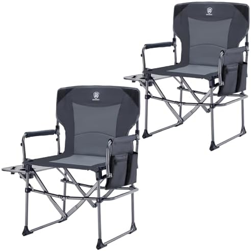 EVER ADVANCED Camping Directors' Chair with Side Table, Portable Folding Chair with Compact Size, Heavy Duty with Pocket for Camping, Lawn, Sports and Fishing, 400lbs, Gray 2 Pack by EVERADVANCED