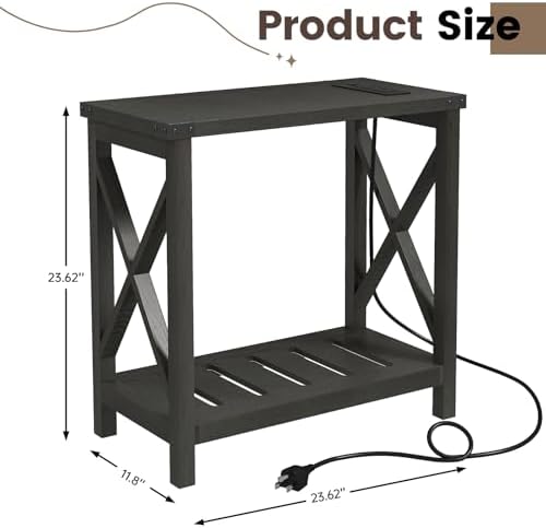 Hadulcet Farmhouse Side Table with Charging Station - Narrow Bedside Table for Small Space, Slim End Table, Rustic X-Design Nightstand for Living Room, Bedroom, Classic Black - Image 2