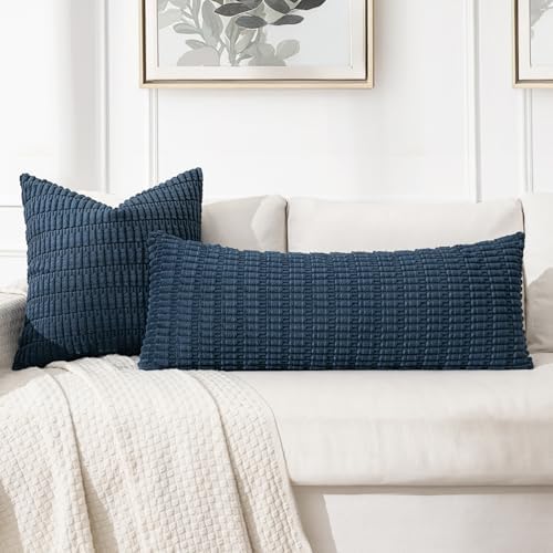 MIULEE Lumbar Corduroy Throw Pillow Cover for Bed 14x36 Blue Pack of 1 - Image 3