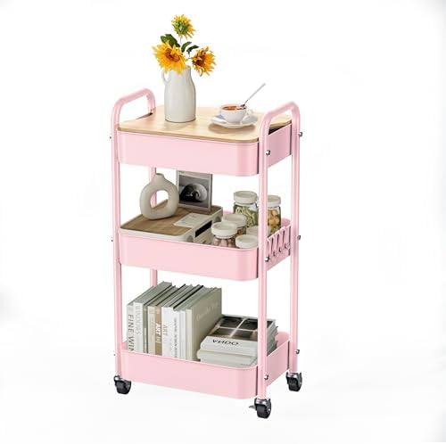 3-Tier Rolling Cart with Table Top, Metal Utility Cart on Wheels by Johgee