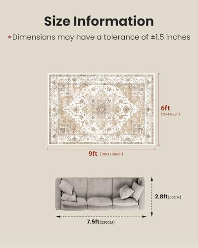AMADA HOMEFURNISHING 6x9 Area Rugs, Beige Washable Rug Low-Profile with Non-Slip Backing & Durable Edge Binding, Vintage Rugs for Living Room, Bedroom, Dinning Room - Image 2