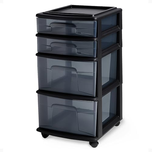 HOMZ Drawer Tower, 4-Tier Storage Cart with Removable Wheels, Black Frame by Homz