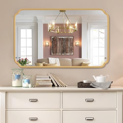 Ferytange 30"x48" Gold Bathroom Mirror for Wall, Large Brass Gold Bathroom Vanity Mirror for Over Sink, Rounded Rectangle Mirror in Premium Iron Metal Frame Hangs Horizontal Or Vertical - Image 3