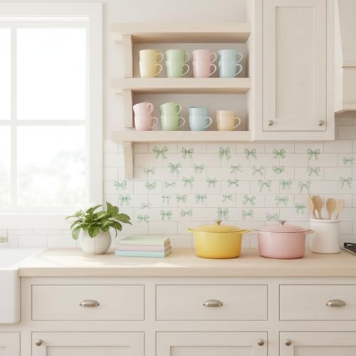 60Pcs Watercolor Bowtie Wall Stickers - Coquette Aesthetic Vinyl Decals for Room Decor in Light Pink, Sky Blue, Mint Green, Lavender Peel and Stick Nursery, Bedroom, Kindergarten Wall Art (Green) - Image 6