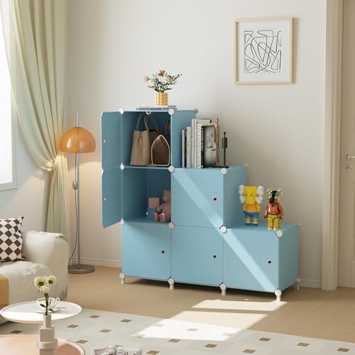 6Cube Storage Organizer Modular Stackable with Doors Blue - Image 4