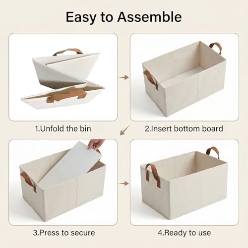 3 Pack Storage Bins Fabric Collapsible Organizers with Handles Sturdy Canvas with PP Board Beige Foldable Storage Box for Closet Shelves, Books, Toys, Clothes, Office Organization - Image 4