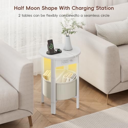 Vagusicc Round Side Table with Charging Station, Round End Table with Fabric Basket, Accent Table Coffee Table, Set of 2 Half Moon Tables, Bedside Table, Modern LED Nightstand for Living Room, White - Image 6