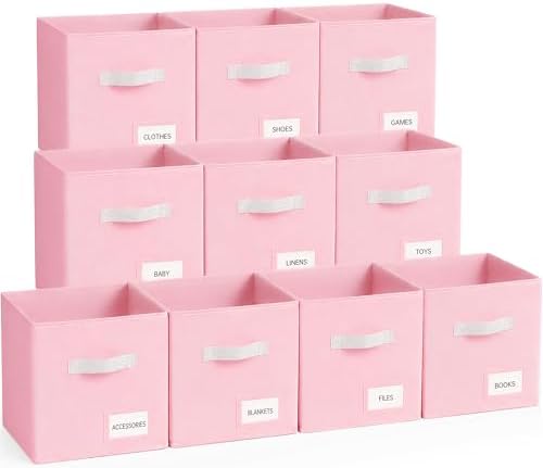 Storage Cubes 10 Pack, 11 Inch Fabric Storage Bins Organizer with Labels, Odor-Free & Sturdy PP Structure, Collapsible Cubby Baskets for Closet, Shelves, Toys & Nursery (Pink) by Unknown