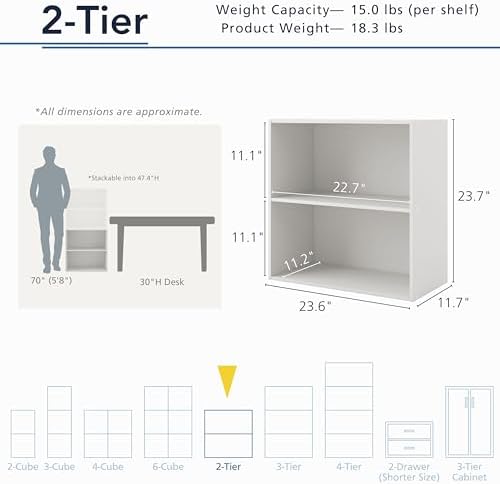 Homes: Inside + Out Apexa 2-Tier Cube Storage Organizer Shelves, Stackable Wood Bookcase Fits Cubby Bins for Organization, Dorm Teen Room Decor & Home Office, Light Blue - Image 3