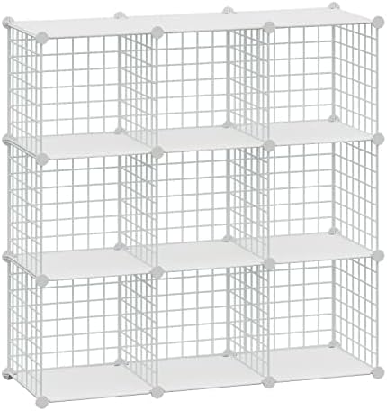 HUBSON Wire Cube Storage Organizer, Book/Toy/Craft/Potted Plants and petCloset Organizers and Storage Shelves, 9-Cube Freely Combinable Metal Grids Storage Shelf,White Plus Iron by HUBSON