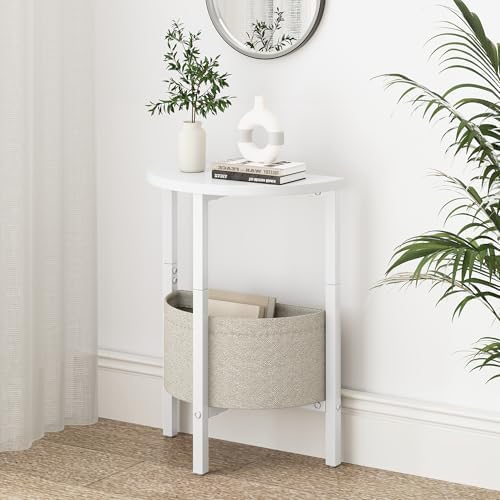 Vagusicc Side Table, Small Round End Table, Tall Accent Table with Storage Basket, Set of 2 Half Round Coffee Tables Half Moon Tables, Bedside Table, Modern Nightstand for Living Room Bedroom, White - Image 2
