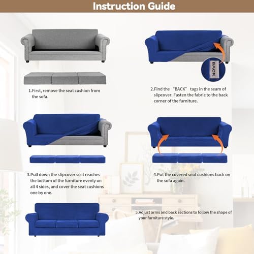 WEERRW 4 Pieces Couch Cover for Sofa Velvet Sofa Cover Washable, Royal Blue - Image 6