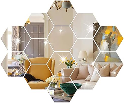 DIY Wall Decals Acrylic Mirror Sticker Set 12 Pcs, Hexagon Mirror Wall Stickers for Living Room Bedroom Decor (Silver) - Image 6