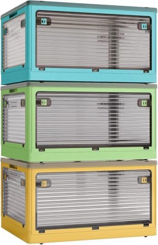 3-Pack 50L Stackable Storage Bins with Lids and Wheels, Foldable Storage Boxes Collapsible Organizers for Home Organization, Storage Cabinets for Outdoor Camping, Mixed Color by CearsoerOfficial