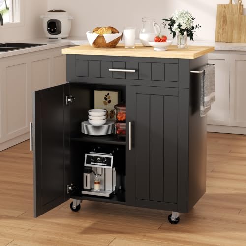 Shintenchi Kitchen Island cart with Storage, Portable Bar Cabinet on Wheels, Rolling Microwave Cart Side Table with Workstation for Kitchen, Dinning Room, Black by Shintenchi%7CFurnitureMadeforRealLife
