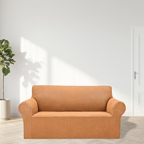 Cupuamon 2026 New Stretch Loveseat Sofa Slipcovers Couch Cover for 2 Cushion Furniture Protector Sofa Covers with Elastic Bottom Jacquard Fabric Small Checks for Pets, Kids - Golden - Image 3