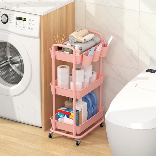 JIUYOTREE 3-Tier Plastic Rolling Storage Cart Utility Cart Pink - Image 3