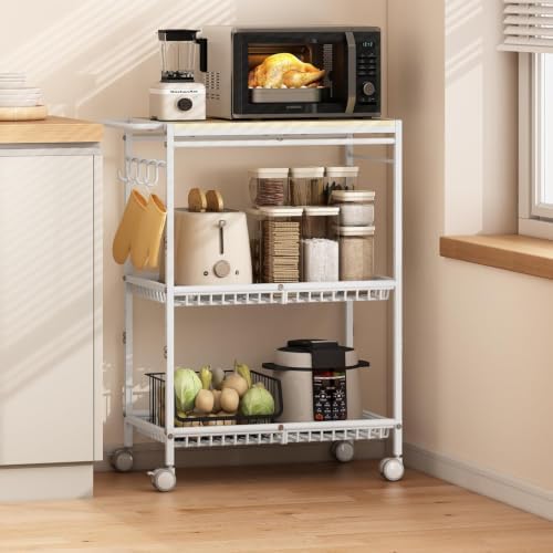 Microwave Kitchen Cart, White Kitchen Shelf with Push Handle, 3 Tier Rolling Microwave Table Stand with 2 Lockable Wheels for Bakers Rack, Kitchen Island, Small Coffee Station - Image 7