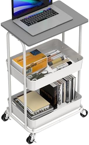 Simple Houseware 2-Tier Rolling Utility Cart Wood Top/Lockable Wheel, Gray - Image 4