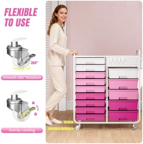 14 Drawer Rolling Storage Cart with Tabletop and Pegboard for Crafts Pink - Image 5