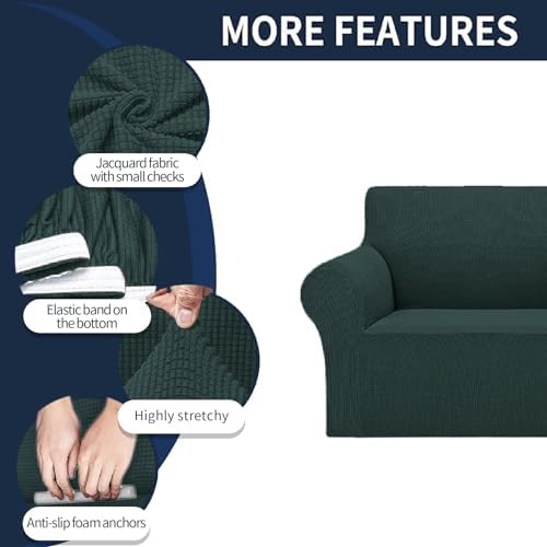 Cupuamon 2026 New Stretch Sofa Slipcovers Couch Cover for 3 Cushion Furniture Protector Sofa Covers with Elastic Bottom Jacquard Fabric Small Checks for Pets, Kids -Sofa, Hunter - Image 4