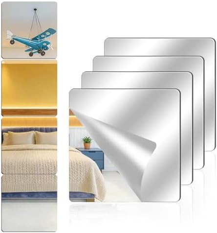 4 Pack Acrylic Mirrors for Wall,10×10Inch Self Adhesive Frameless Small Mirror Tiles, Flexible Plastic Mirror Sheets for Bedroom Home Gym Door (4Pcs 10×10inch) by Unknown