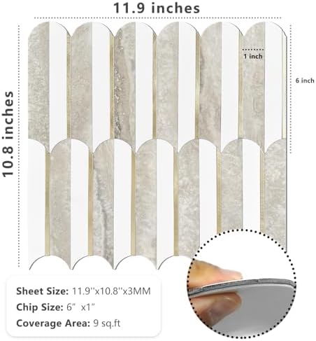 Vamos Tile Peel and Stick Backsplash Seamless Tile,1-Sheet Stick on Backsplash for Kitchen and Bathroom,White and Beige Slate PVC Mixed Metal Gold Self Adhesive Mosaic Tiles - Image 5