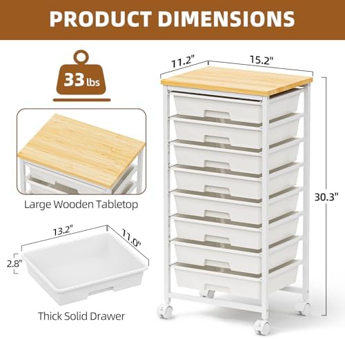 8 Drawer Rolling Storage Cart with Wooden Tabletop & Lockable Wheels - Image 2