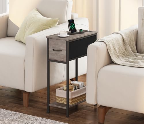 Vagusicc End Table Set of 2 with Charging Station, Narrow Side Table Nightstand with Fabric Drawer, Slim Nightstand for Bedroom, Small Bedside Table, Slim Sofa Side Table for Small Spaces, Greige - Image 2