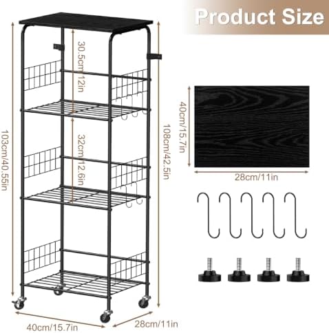 Rolling Kitchen Cart with Top Panel, 4-Tier Rolling Utility Cart with Hooks - Image 3