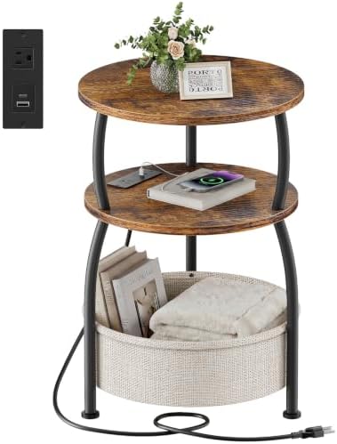 Round Side Table with Charging Station, USB Type C Port, Brown by designyourhome