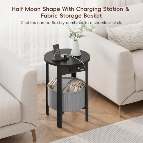 VAGUSICC Round Side Table with Charging Station, Small Round Accent End Table with Fabric Basket, Set of 2 Half Moon Tables Coffee Table, Bedside Table, Modern Nightstand for Living Room Bedroom,Black - Image 5