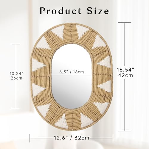 Briful Bohomain Wall Mirror Oval Decorative Mirror Seagrass Wall-Mounted Mirror Farmhouse Home Décor, Hanging Wall Art for Living Room Bedroom Dining Room, Size-16.54''x12.6'' - Image 2