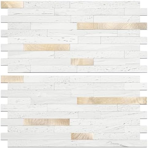 STICKGOO 2 Sheets Peel and Stick Backsplash Tile, Stick on Backsplash for Kitchen and Bathroom, White Sandstone Look PVC Mixed Metal Gold Self Adhesive Wall Tiles by STICKGOO
