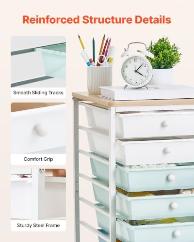 VEVOR Rolling Cart with Drawers, 8 Drawer Storage Organizer, Mobile Utility Cart with Wood Top, Steel Frame, Universal Casters & 2 Brakes, for Office, Classroom, Craft Supplies, Bedroom, Green Blue - Image 5