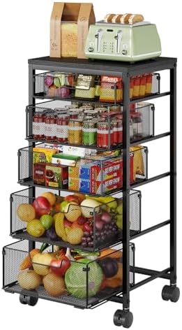Kitchen Storage Cart with Drawer, 5-Tier Fruit Vegetable Storage Cart, Kitchen Organizer and Storage Cart with Wheels, Wooden Top Metal Wire Pantry Storage Cart rack for Fruit Snack Onion Potato by FollowWithYociyogaTogether