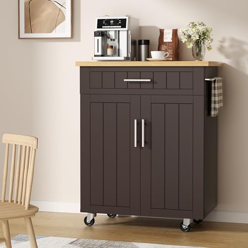 Shintenchi Kitchen Island cart with Storage, Portable Bar Cabinet on Wheels, Rolling Microwave Cart Side Table with Workstation for Kitchen, Dinning Room, Brown - Image 2