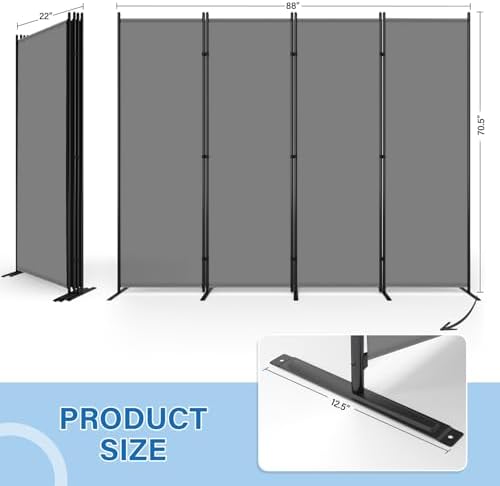 AKTOP 4 Panel Room Divider, 88" W x 6FT Fabric Folding Privacy Screen, Grey - Image 2