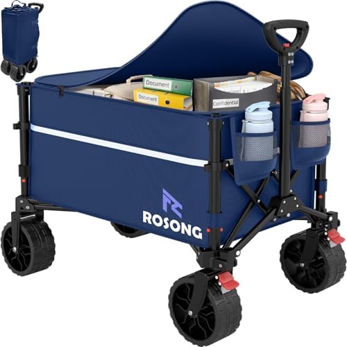 ROSONG Collapsible Wagon Cart with Wheels Foldable - Folding Utility Heavy Duty Wagons Carts for Grocery Sports Garden Shopping Camping Wheelbarrows (120L Dark Blue with Lid) by ROSONG