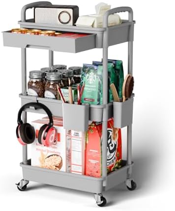 Sorgion 3 Tier Rolling Cart Organizer,Laundry Room Bathroom Organizers and Storage Office Shelves Mobile Shelving Unit Kitchen Trolley Cart with Wheels for Art,Craft,Diaper,Bedside,Snack(Grey) by Sorgion