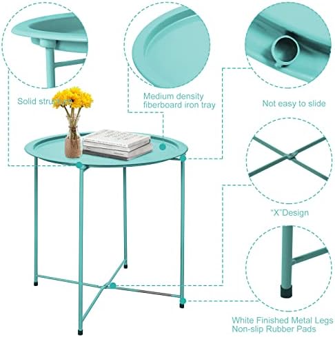 Garden 4 you End Table Metal Side Table Green Round Folding Tray Cyan Sofa Small Accent Fold-able Table, Round End Table Tray, Next to Sofa Table, Snack Table for Living Room and Bed Room - Image 5