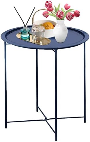 Garden 4 you End Table Metal Side Table Blue Round Folding Tray Cyan Sofa Small Accent Fold-able Table, Round End Table Tray, Next to Sofa Table, Snack Table for Living Room and Bed Room by Garden4you