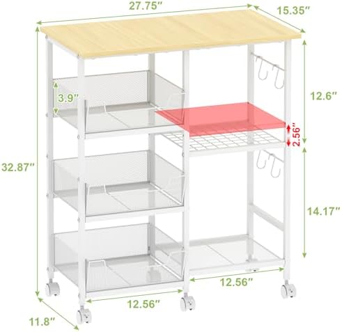 Rolling Kitchen Microwave Organizer Cart, Adjustable Shelves, White - Image 7