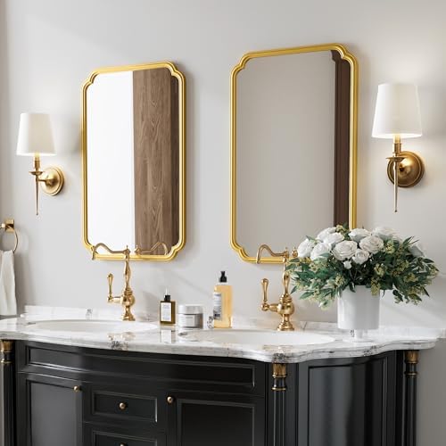 Ferytange 22x34 Inch Gold Bathroom Mirror, Metal Framed Wall Mirror with Rounded Edges, Rustproof Horizontal Vertical Hanging for Vanity Over Sink - Image 3