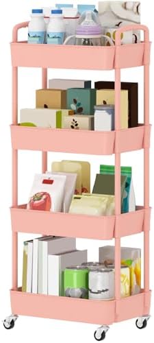 Sywhitta 4-Tier Plastic Rolling Utility Cart with Wheels for Storage, Pink by haseverythingyouneed