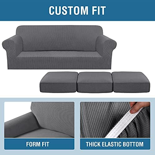 H.VERSAILTEX 4 Piece Stretch Sofa Covers for 3 Cushion Couch Covers for Living Room Furniture Slipcovers (Base Cover Plus 3 Seat Cushion Covers) Upgraded Thicker Jacquard Fabric (Sofa, Grey) - Image 4