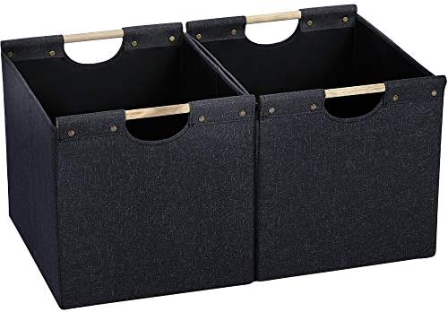 HOONEX Large Collapsible Storage Bins, Linen Fabric, 2 Pack, Storage Baskets with Wooden Carry Handles and Sturdy Heavy Cardboard, for Home, Office, Car, Nursery, Dark Grey by HOONEX