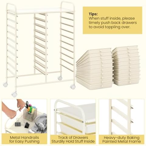 Giantex 20 Drawers Rolling Cart, Mobile Storage Drawer Cart, Classroom Organizer for Office School Supplies Tools Scrapbook Paper Craft Small Printer, Utility Stand on Wheels, Ivory White - Image 4